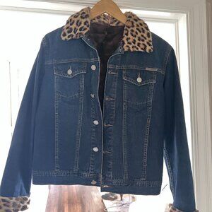 Calvin Klein Real Mink Fur Denim Jacket Leopard Trim Statement Coat Sz Medium